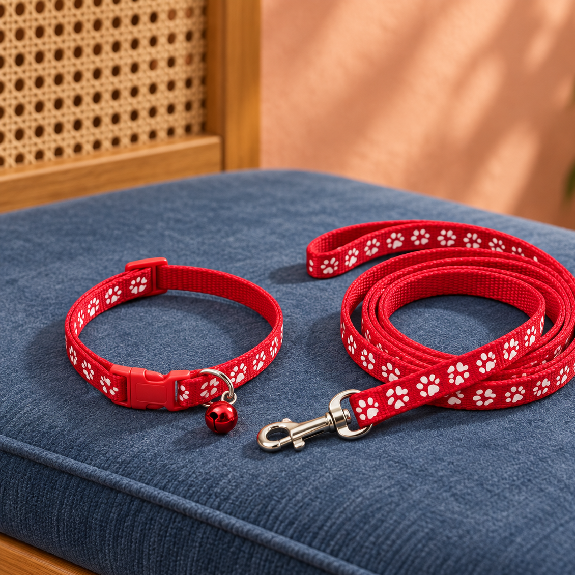 Adorable Paw-Print Nylon Collar & Leash Set for Daily Walks