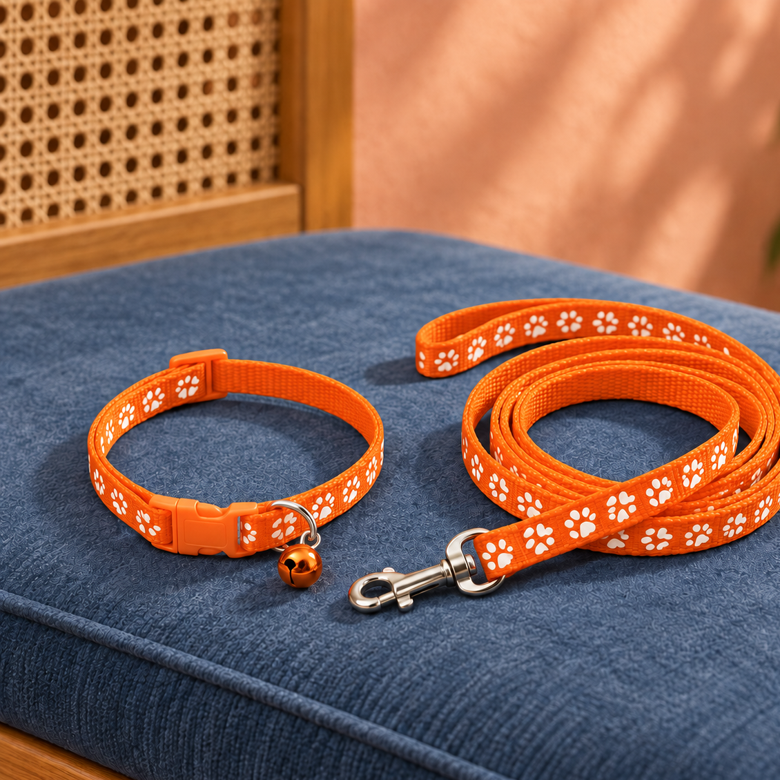 Adorable Paw-Print Nylon Collar & Leash Set for Daily Walks
