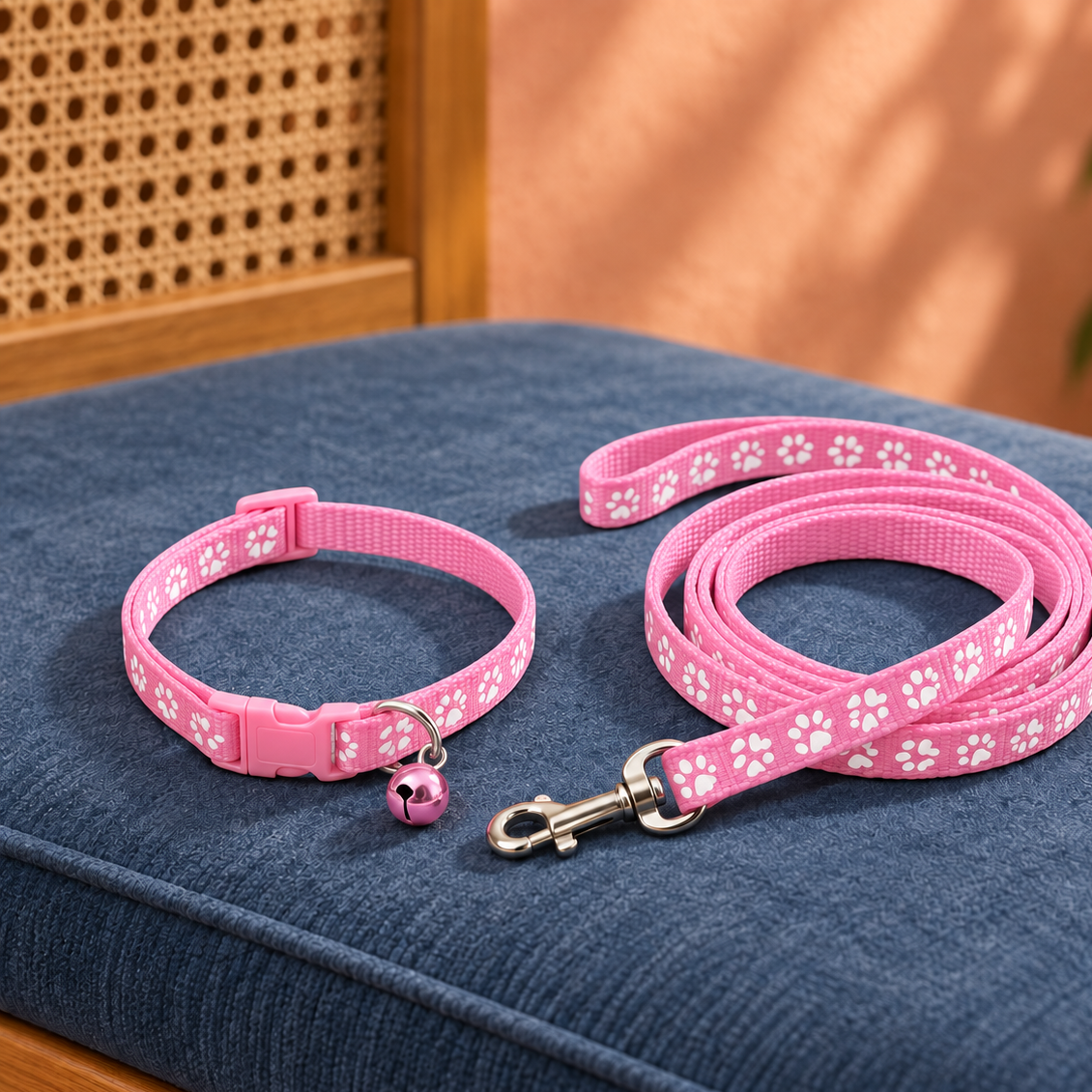 Adorable Paw-Print Nylon Collar & Leash Set for Daily Walks