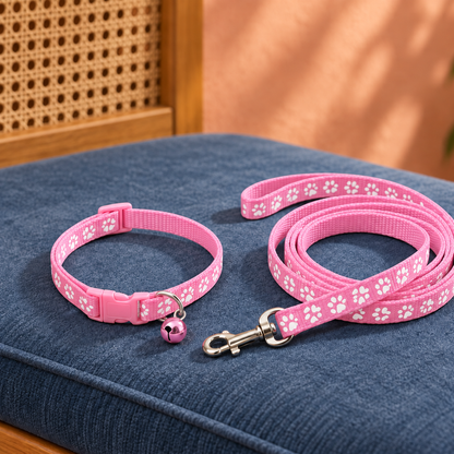 Adorable Paw-Print Nylon Collar & Leash Set for Daily Walks
