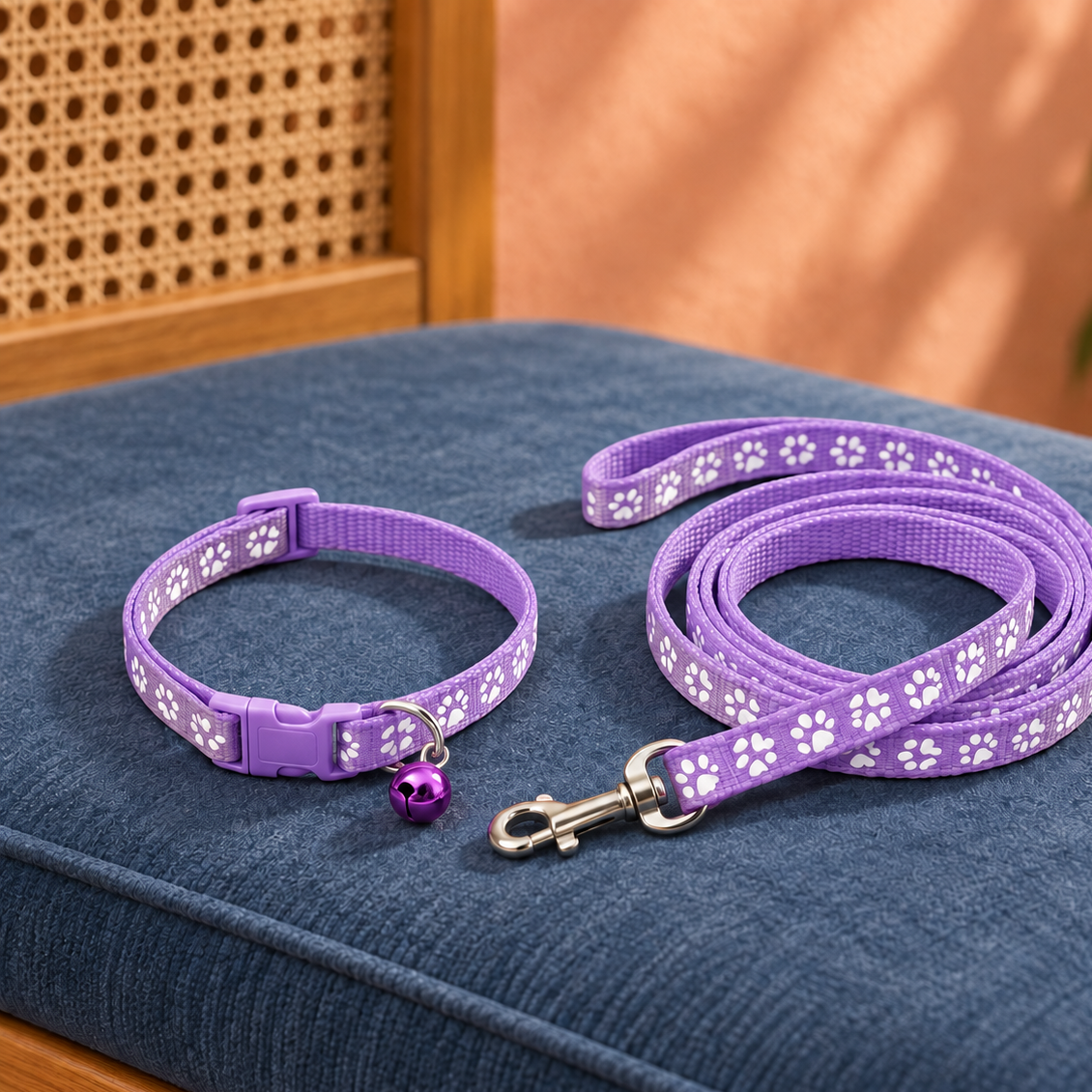 Adorable Paw-Print Nylon Collar & Leash Set for Daily Walks