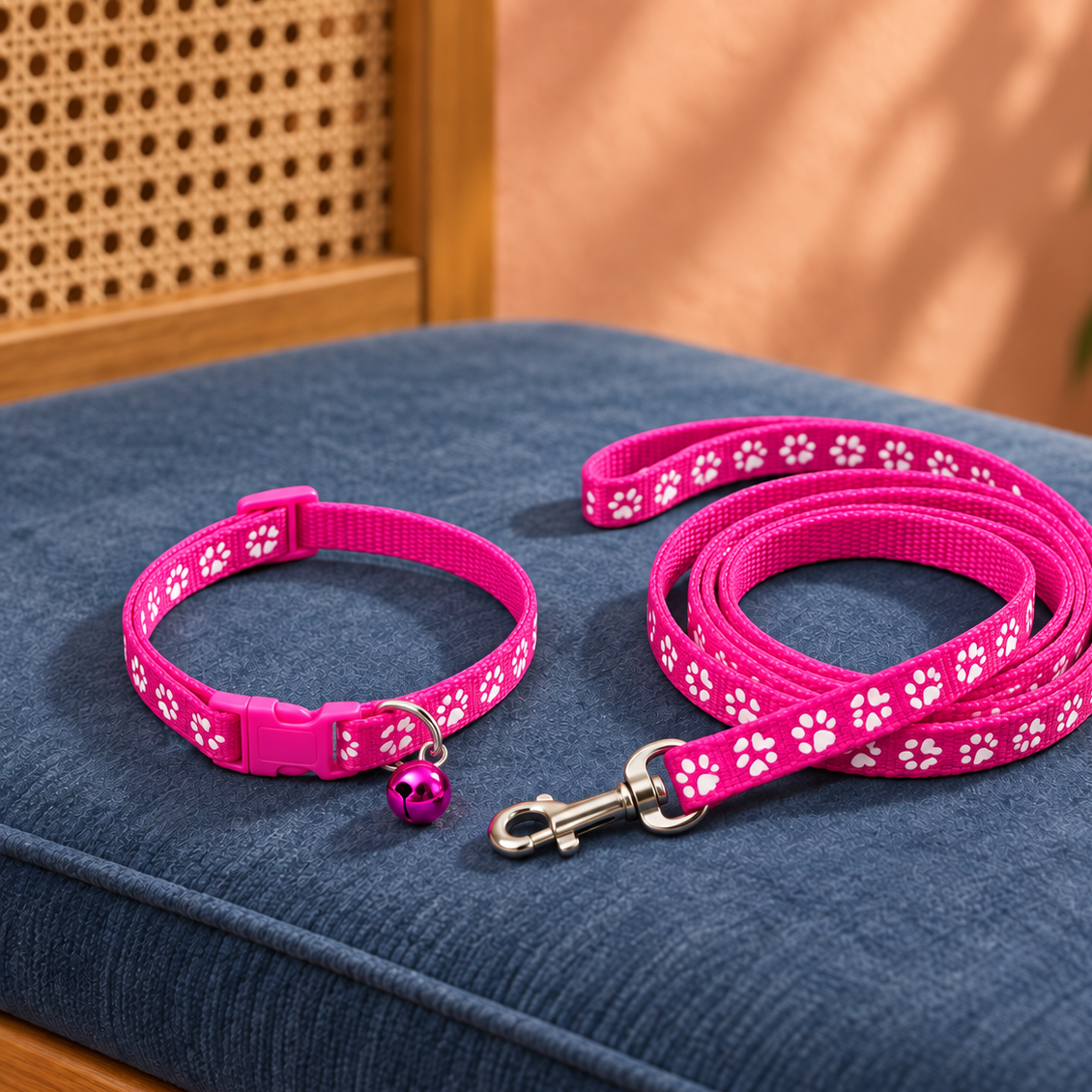 Adorable Paw-Print Nylon Collar & Leash Set for Daily Walks