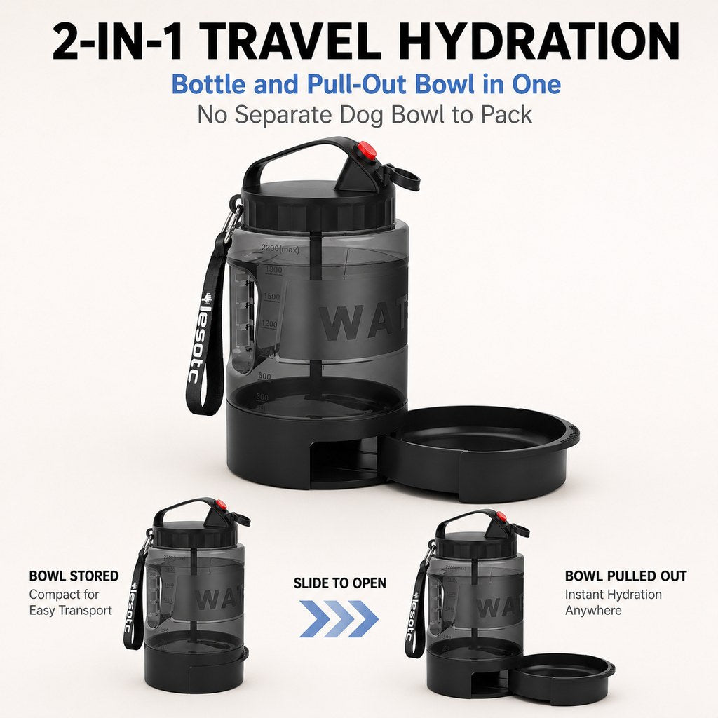Dog Water Bottle for Hiking, 74 fl oz with Pull-Out Bowl