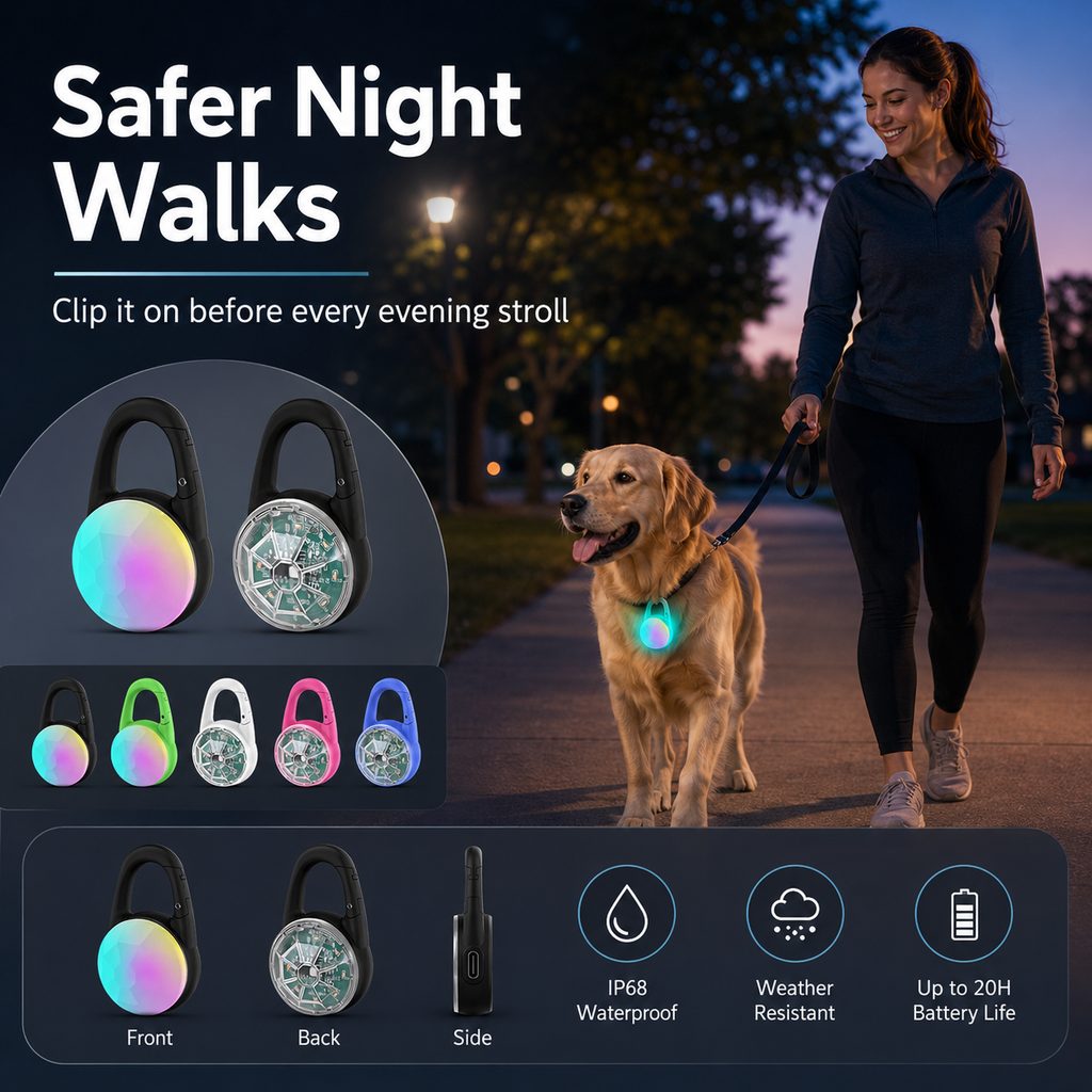 Dog Collar Light, Rechargeable Clip-On LED for Night Walks
