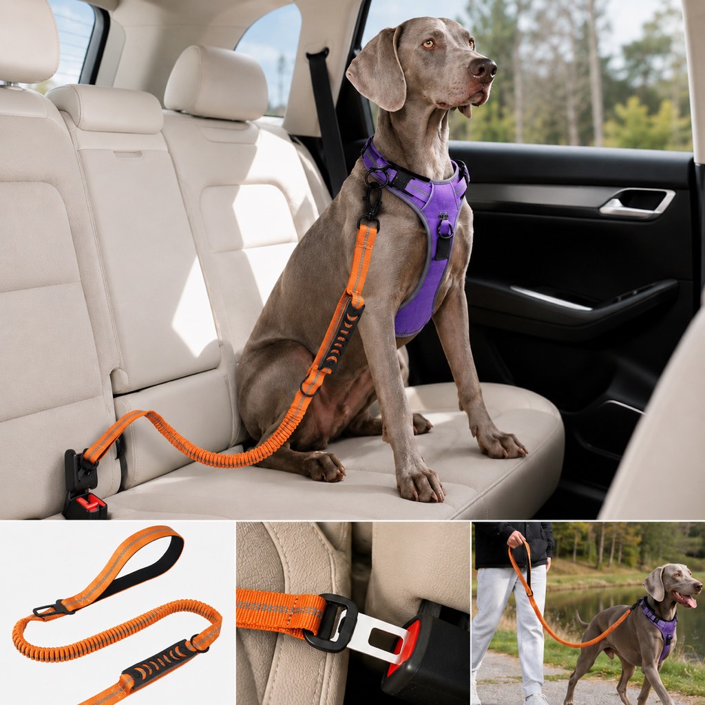 Dog Seat Belt Leash for Car, Reflective Bungee Tether