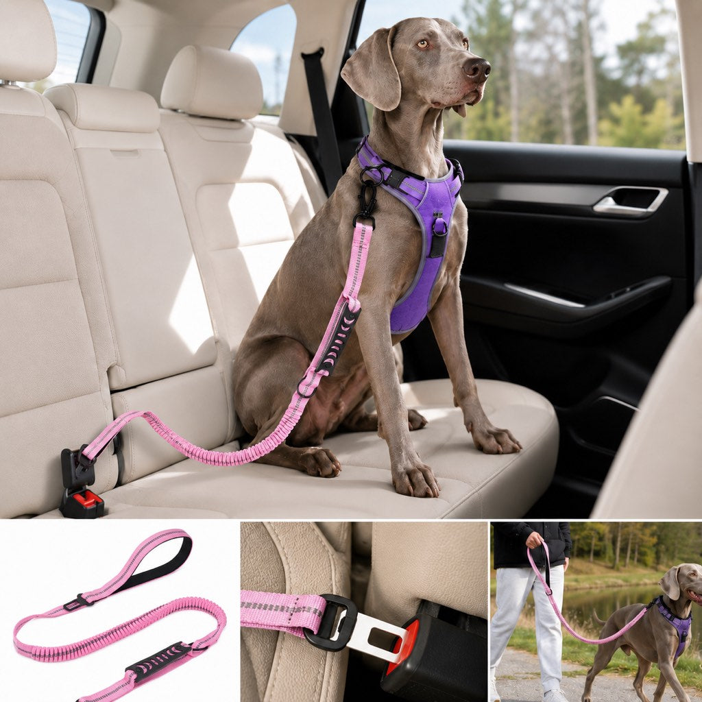 Dog Seat Belt Leash for Car, Reflective Bungee Tether