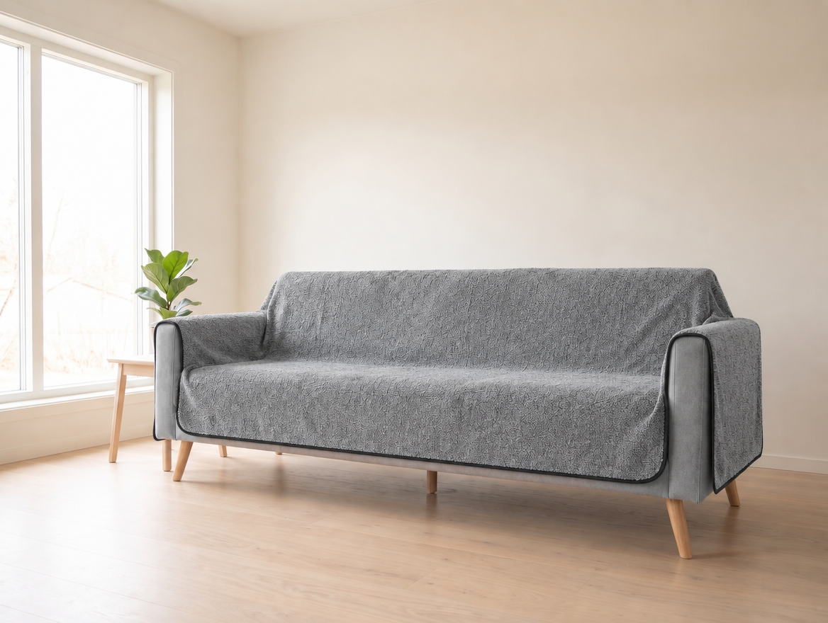 Chenille Couch Cover, Breathable All-Season Non-Slip Sofa Protector, Scratch Resistant, for Dogs & Cats shown on a sofa (illustration)
