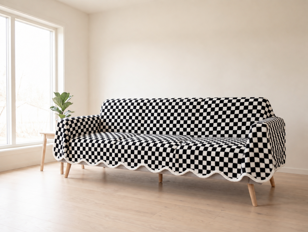 Checkerboard Plush Couch Cover, Non-Slip Sofa Protector, Hides Light & Dark Fur, for Dogs & Cats shown on a sofa (illustration)