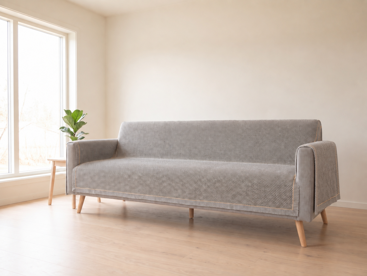 Cotton Linen Sofa Cover, Breathable Woven Non-Slip Couch Protector, for Dogs & Cats shown on a sofa (illustration)