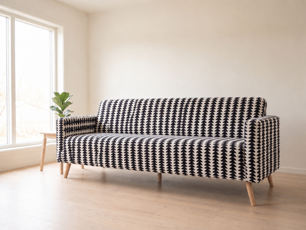 Stretch Couch Cushion Covers, Fishbone Stripe Seat, Bench & Chaise Cushion Covers, for Dogs & Cats shown on a sofa (illustration)
