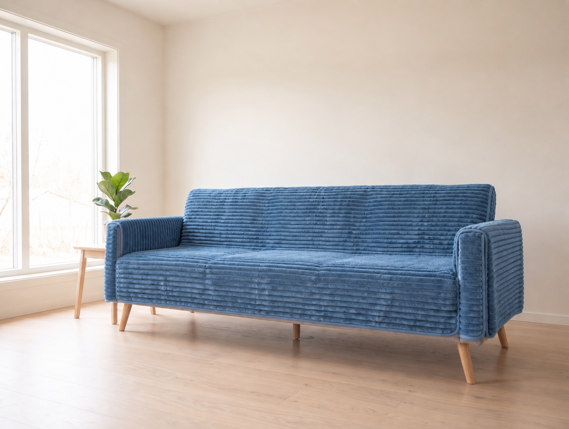 Fluffy Padded Flannel Couch Cover, Non-Slip Sofa Mat, Machine Washable, for Dogs & Cats shown on a sofa (illustration)
