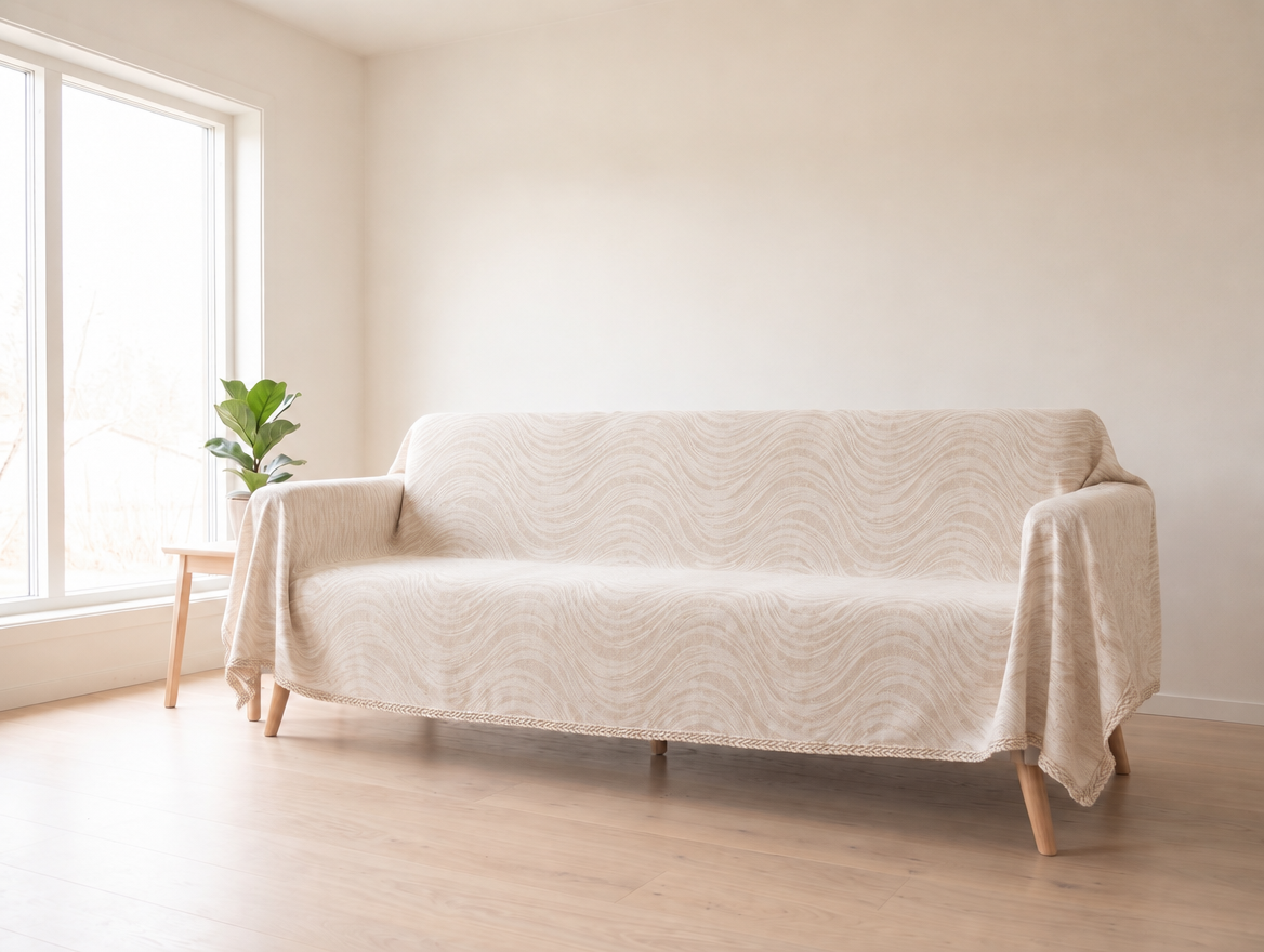 Cooling Ice Silk Couch Cover, Non-Slip Summer Sofa Protector with Braided Edge, for Dogs & Cats shown on a sofa (illustration)