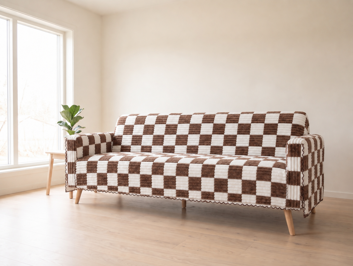 Plaid Chenille Couch Cover, Non-Slip Sofa Mat, Machine Washable, for Dogs & Cats shown on a sofa (illustration)