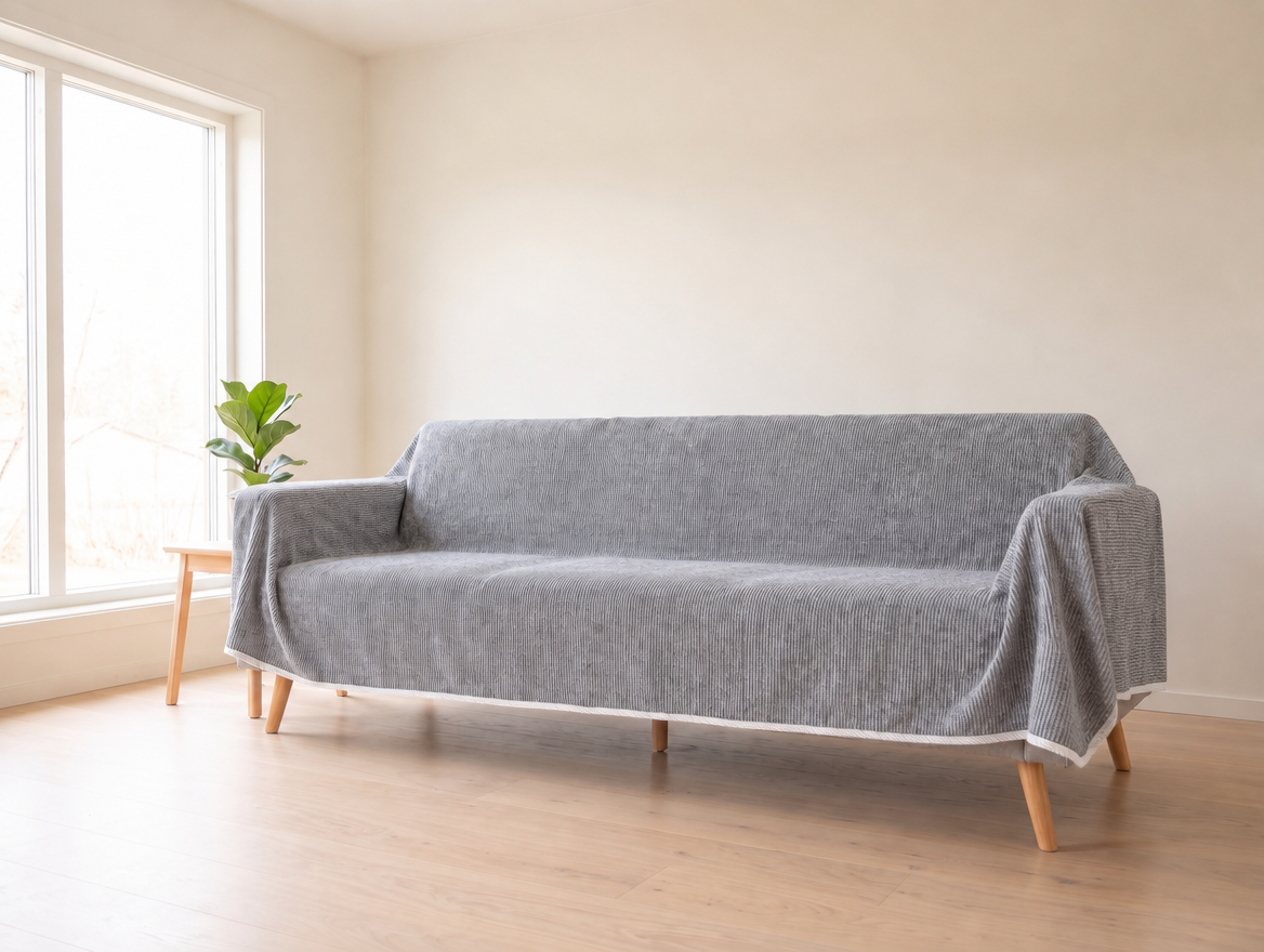 Water-Resistant Chenille Couch Cover, Scratch-Resistant Easy-Care Sofa Protector, for Dogs & Cats shown on a sofa (illustration)