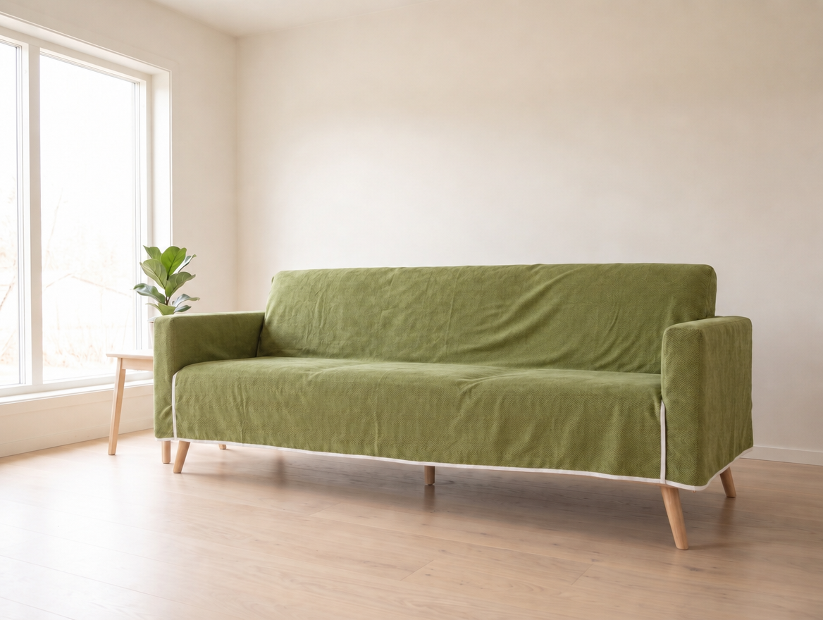 Water-Resistant Stain-Resistant Couch Cover, Non-Slip Indoor & Outdoor Sofa Protector, for Dogs & Cats shown on a sofa (illustration)