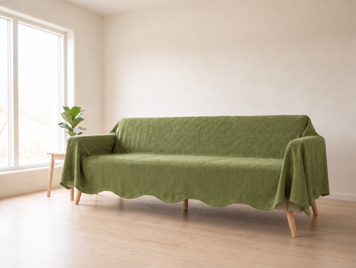Herringbone Chenille Couch Cover for Leather Sofas, Non-Slip Wavy-Edge Sofa Protector, for Dogs & Cats shown on a sofa (illustration)